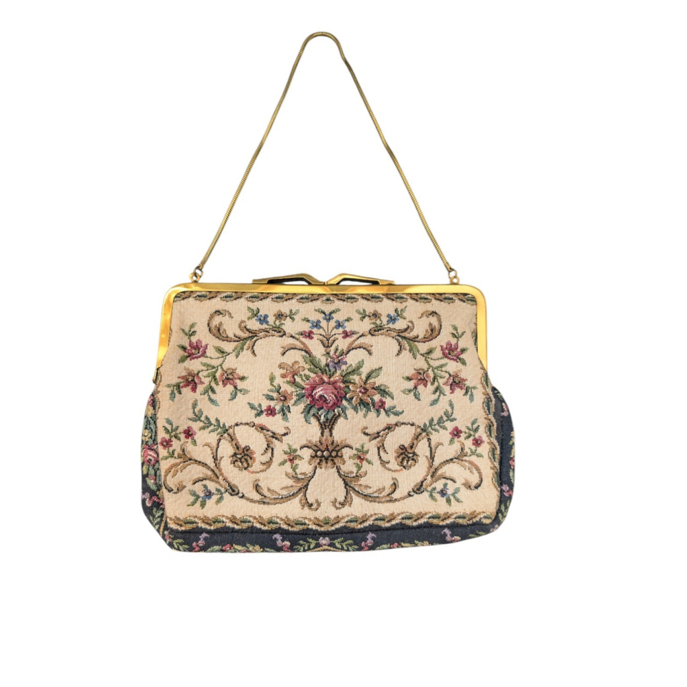 VINTAGE TAPESTRY PURSE Made in West Germany Floral Multicolor Gold Tone Chain - Picture 5 of 16